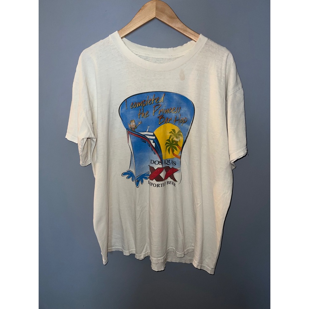 Vintage Princess Cruises Bar Hop Dos Equis Beer Graphic T-Shirt Thrashed White